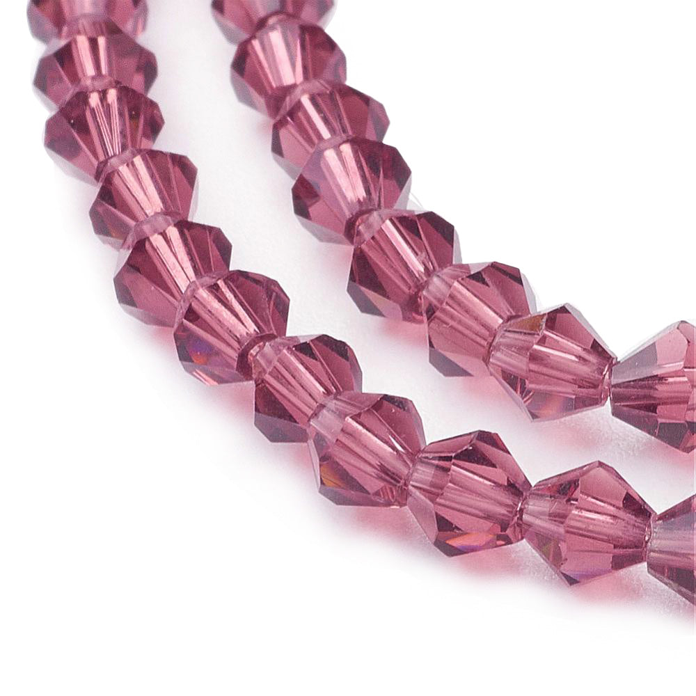 Glass Beads, Faceted, Burgundy Purple Color, Bicone, Crystal Beads for Jewelry Making.  Size: 4mm Length, 4mm Width, Hole: 1mm; approx. 92pcs/strand, 13.75" inches long.  Material: The Beads are Made from Glass. Austrian Crystal Imitation Glass Crystal Beads, Bicone, Burgundy Purple Colored Beads. Polished, Shinny Finish. 