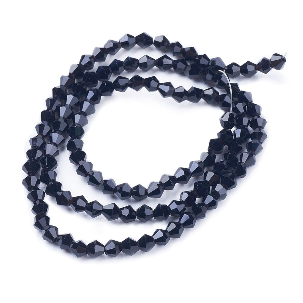 Glass Beads, Faceted, Black Color, Bicone, Crystal Beads for Jewelry Making.  Size: 4mm Lenght, 4mm Width, Hole: 1mm; approx. 65pcs/strand, 13.75" inches long.  Material: The Beads are Made from Glass. Austrian Crystal Imitation Glass Crystal Beads, Bicone, Black Colored Beads. Polished, Shinny Finish. 