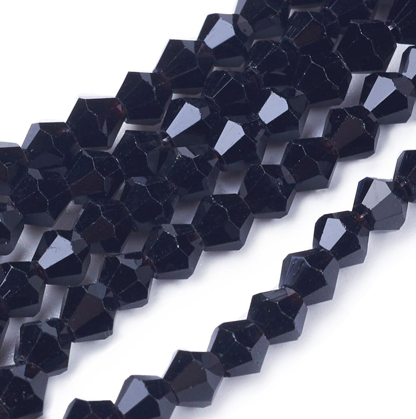 Glass Beads, Faceted, Black Color, Bicone, Crystal Beads for Jewelry Making.  Size: 4mm Lenght, 4mm Width, Hole: 1mm; approx. 65pcs/strand, 13.75" inches long.  Material: The Beads are Made from Glass. Austrian Crystal Imitation Glass Crystal Beads, Bicone, Black Colored Beads. Polished, Shinny Finish. 