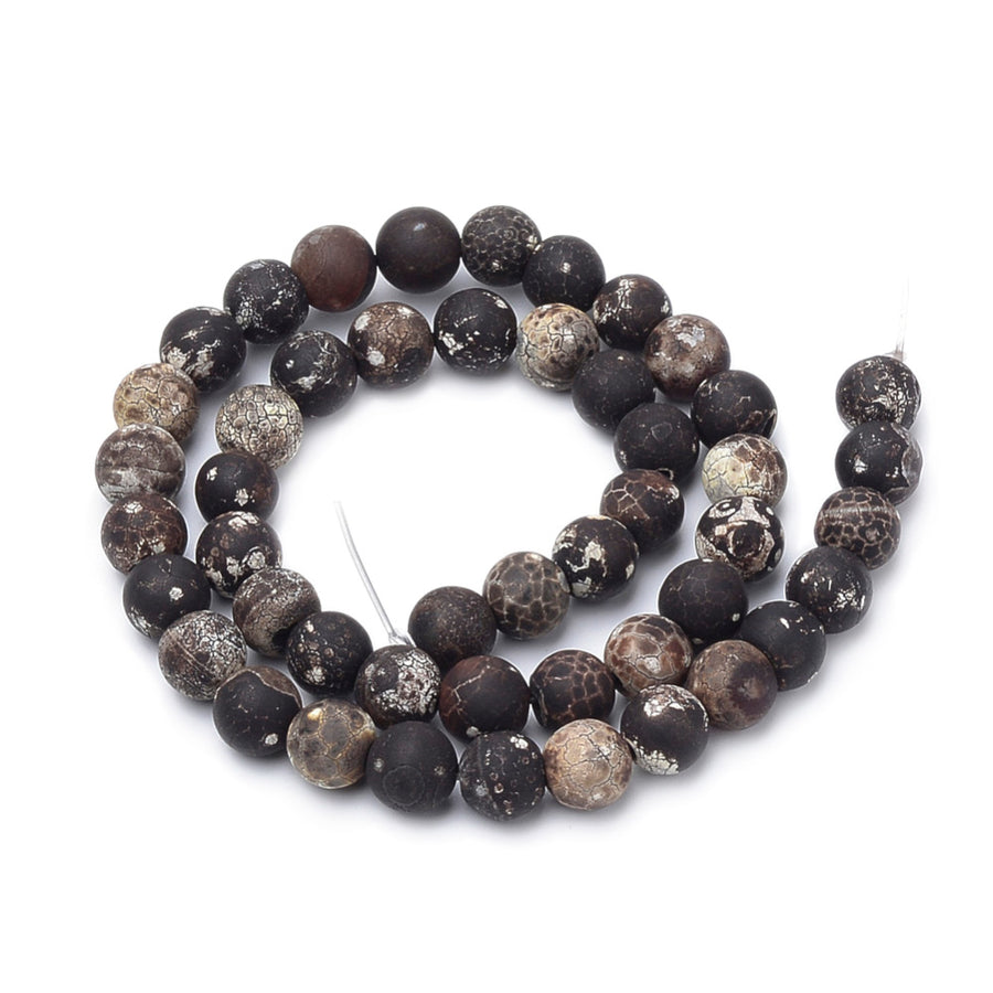 Matte Black Agate Beads, Dyed, Round. Semi-Precious Gemstone Beads for Jewelry Making.   Size: 6-6.5mm Diameter, Hole: 1mm; approx. 62pcs/strand, 14.5" Inches Long.  Material: Black Agate, Dyed Black Color with White Crackle Markings. Matte Finish