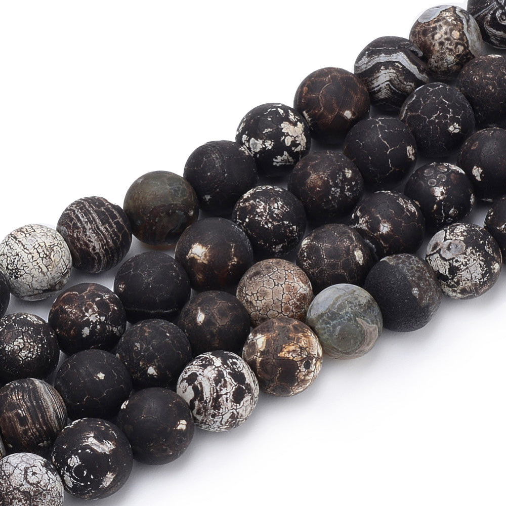 Black Agate Beads, Dyed, Round. Semi-Precious Gemstone Beads for Jewelry Making.   Size: 8-8.5mm Diameter, Hole: 1mm; approx. 45pcs/strand, 14.5" Inches Long.  Material: Black Agate, Dyed Black Color with White Crackle Markings. 