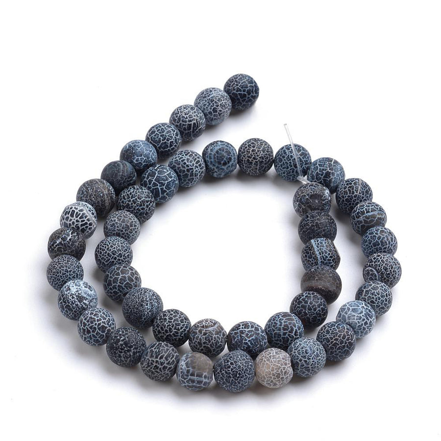 Natural Crackle Agate Beads, Dyed, Round, Black Color. Matte Semi-Precious Gemstone Beads for Jewelry Making. Great for Stretch Bracelets and Necklaces.  Size: 10mm Diameter, Hole: 1.2mm; approx. 37pcs/strand, 14" Inches Long. bead lot. beadlotcanada.