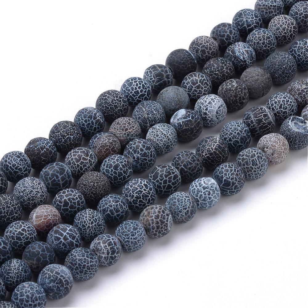 Natural Crackle Agate Beads, Dyed, Round, Black Color. Matte Semi-Precious Gemstone Beads for Jewelry Making. Great for Stretch Bracelets and Necklaces.  Size: 8mm Diameter, Hole: 1mm; approx. 47pcs/strand, 14.5" Inches Long. www.beadlot.com