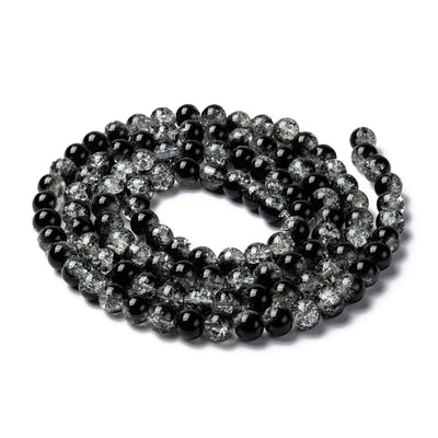 Popular Crackle Glass Beads, Round, Black and Clear Color. Glass Bead Strands for DIY Jewelry Making. Affordable, Colorful Crackle Beads. Great for Stretch Bracelets.  Size: 8mm Diameter Hole: 1.5mm; approx. 100pcs/strand, 31" Inches Long.