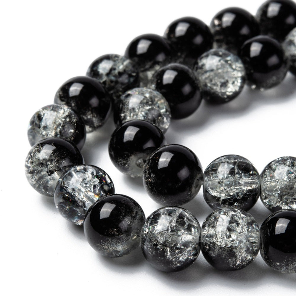 Popular Crackle Glass Beads, Round, Black and Clear Color. Glass Bead Strands for DIY Jewelry Making. Affordable, Colorful Crackle Beads. Great for Stretch Bracelets.  Size: 8mm Diameter Hole: 1.5mm; approx. 100pcs/strand, 31" Inches Long.