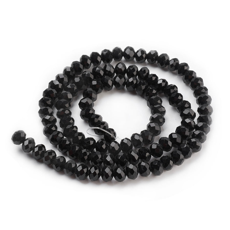 Glass Beads, Faceted, Black Color, Rondelle, Glass Crystal Bead Strands. Shinny, Premium Quality Crystal Beads for Jewelry Making.  Size: 8mm Diameter, 6mm Thick, Hole: 1mm; approx. 65pcs/strand, 16" inches long.  Material: The Beads are Made from Glass. Glass Crystal Beads, Rondelle, Dark Black Colored Beads. Polished, Shinny Finish. 