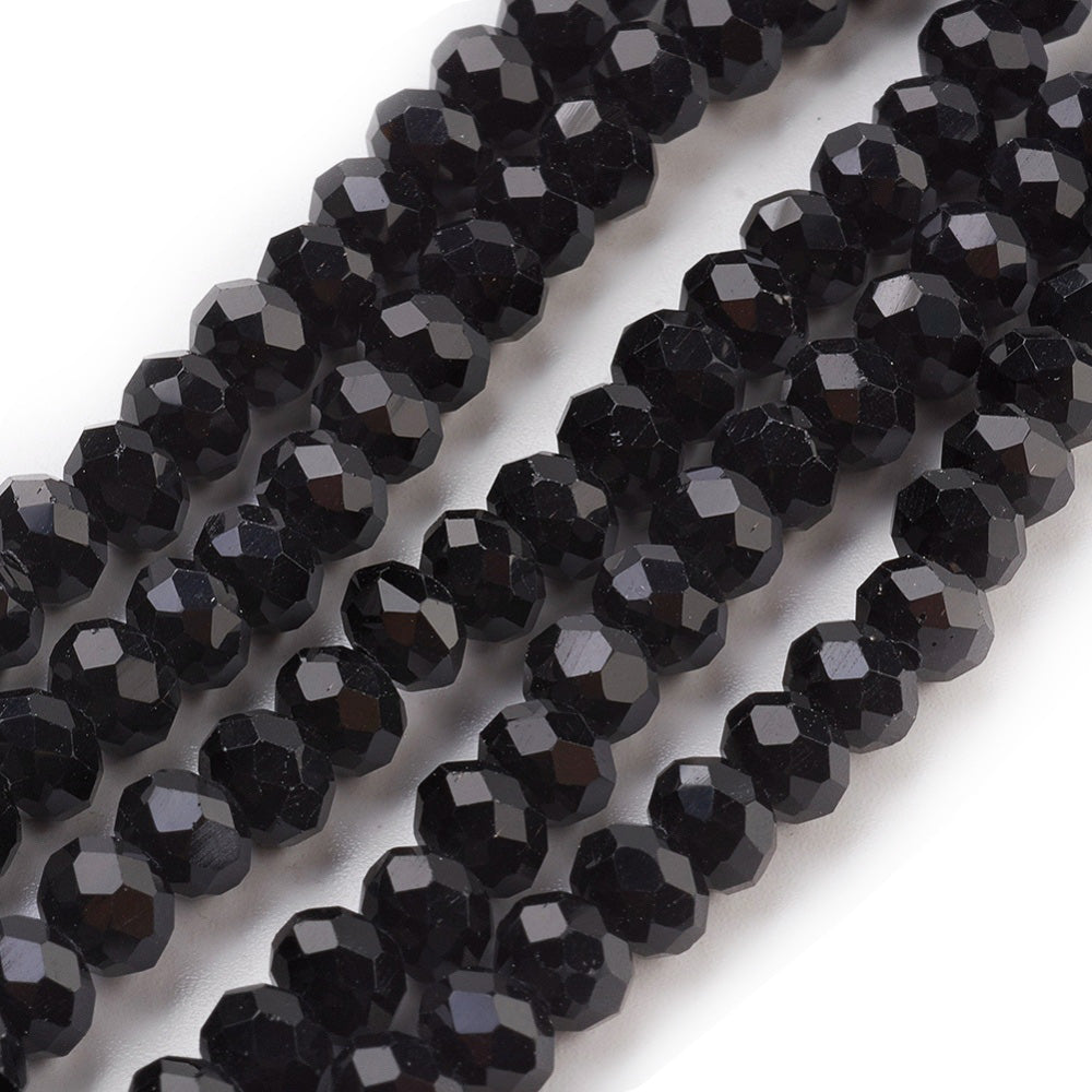 Glass Beads, Faceted, Black Color, Rondelle, Glass Crystal Bead Strands. Shinny, Premium Quality Crystal Beads for Jewelry Making.  Size: 8mm Diameter, 6mm Thick, Hole: 1mm; approx. 65pcs/strand, 16" inches long.  Material: The Beads are Made from Glass. Glass Crystal Beads, Rondelle, Dark Black Colored Beads. Polished, Shinny Finish. 
