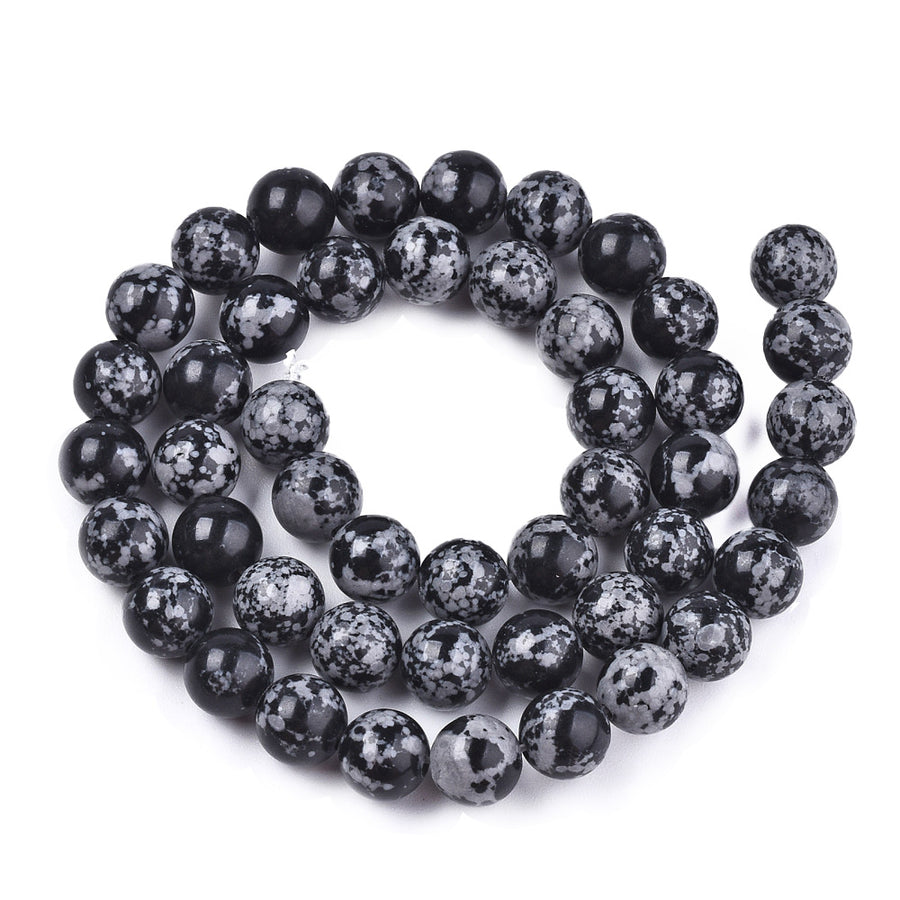Natural Snowflake Obsidian Beads, Black Color. Semi-precious Gemstone Beads for DIY Jewelry Making.   Size: 8mm Diameter, Hole: 1mm approx. 42pcs/strand, 14 Inches Long.  Material: Genuine Natural Snowflake Obsidian Stone Beads, Black Color.  Shinny, Polished Finish. 