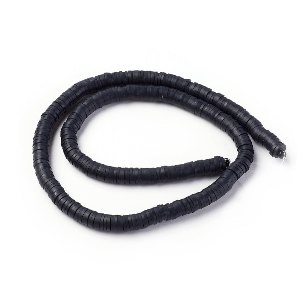Polymer Clay Beads, Flat Disc Shape, Black Color. Polymer Clay Heishi Beads for DIY Jewelry Making. Great for friendship bracelets. Affordable polymer clay beads.  Size: 6mm Diameter, 1mm Thick, Hole: 2mm, approx. 380pcs/strand, 16 Inches Long.  Material: Polymer Clay, Heishi Loose Beads. Black Color, Disc Shaped, Lightweight Beads. 