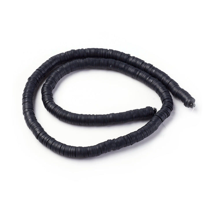 Polymer Clay Beads, Flat Disc Shape, Black Color. Polymer Clay Heishi Beads for DIY Jewelry Making. Great for friendship bracelets. Affordable polymer clay beads.  Size: 6mm Diameter, 1mm Thick, Hole: 2mm, approx. 380pcs/strand, 16 Inches Long.  Material: Polymer Clay, Heishi Loose Beads. Black Color, Disc Shaped, Lightweight Beads. 