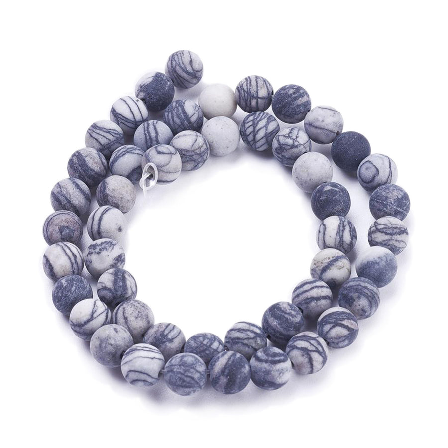 Frosted Natural Black Silk Stone Beads, Round, Dark Multi-Color Beads, Semi-Precious Gemstone Beads for Jewelry Making. Affordable High Quality Beads for Jewelry Making.  Size: 8-8.5mm Diameter, hole: 1mm; approx. 44pcs/strand, 15" inches long.