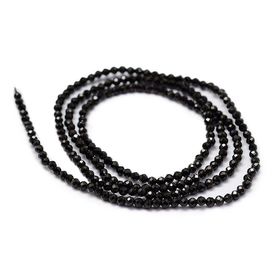 Faceted Black Spinel Natural Gemstone Beads, Black Color, Faceted, Round, Semi Precious Stone Beads for Jewelry Making.  Size: 2mm Diameter, Hole: 0.5mm; approx. 175pcs/strand, 14" Inches Long.  Material: Black Spinel Beads, Faceted, Round, Black Color Beads. Shinny Finish.
