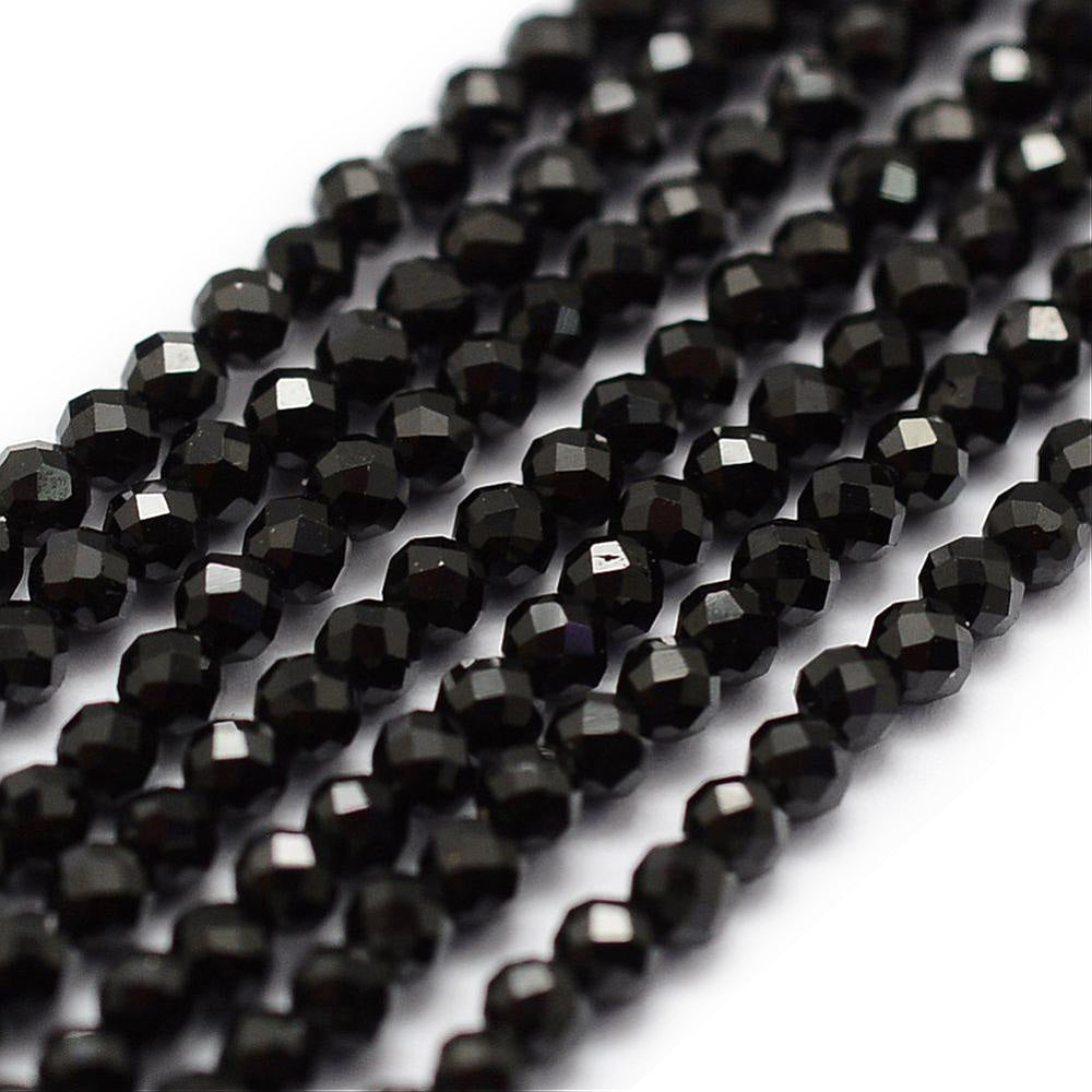 Faceted Black Spinel Natural Gemstone Beads, Black Color, Faceted, Round, Semi Precious Stone Beads for Jewelry Making.  Size: 2mm Diameter, Hole: 0.5mm; approx. 175pcs/strand, 14" Inches Long.  Material: Black Spinel Beads, Faceted, Round, Black Color Beads. Shinny Finish.