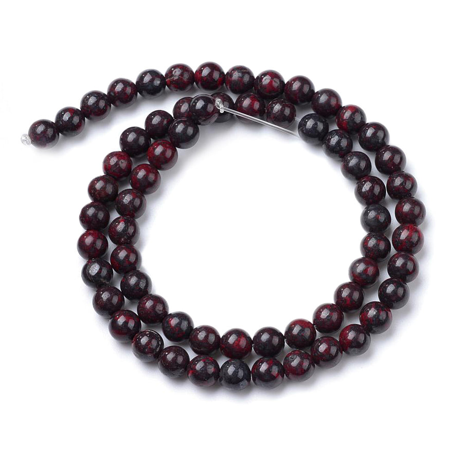 Bloodstone Beads, Natural Heliotrope Semi-Precious Stone Beads.  Size: 6mm Diameter, Hole: 1mm; approx. 60-62pcs/strand, 15" Inches Long.  Material: Genuine Heliotrope Stone Beads; Bloodstone Beads. Polished, Shinny Finish.