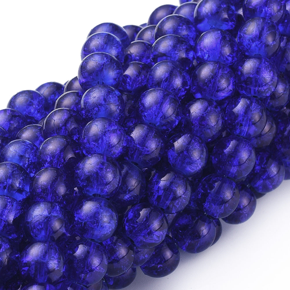 Popular Crackle Glass Beads, Round, Blue Color. Glass Bead Strands for DIY Jewelry Making. Affordable, Colorful Crackle Beads.   Size: 6mm Diameter Hole: 1mm; approx. 125pcs/strand, 31" Inches Long  Material: The Beads are Made from Glass. Crackle Glass Beads, Royal Blue Colored Beads. Polished, Shinny Finish.