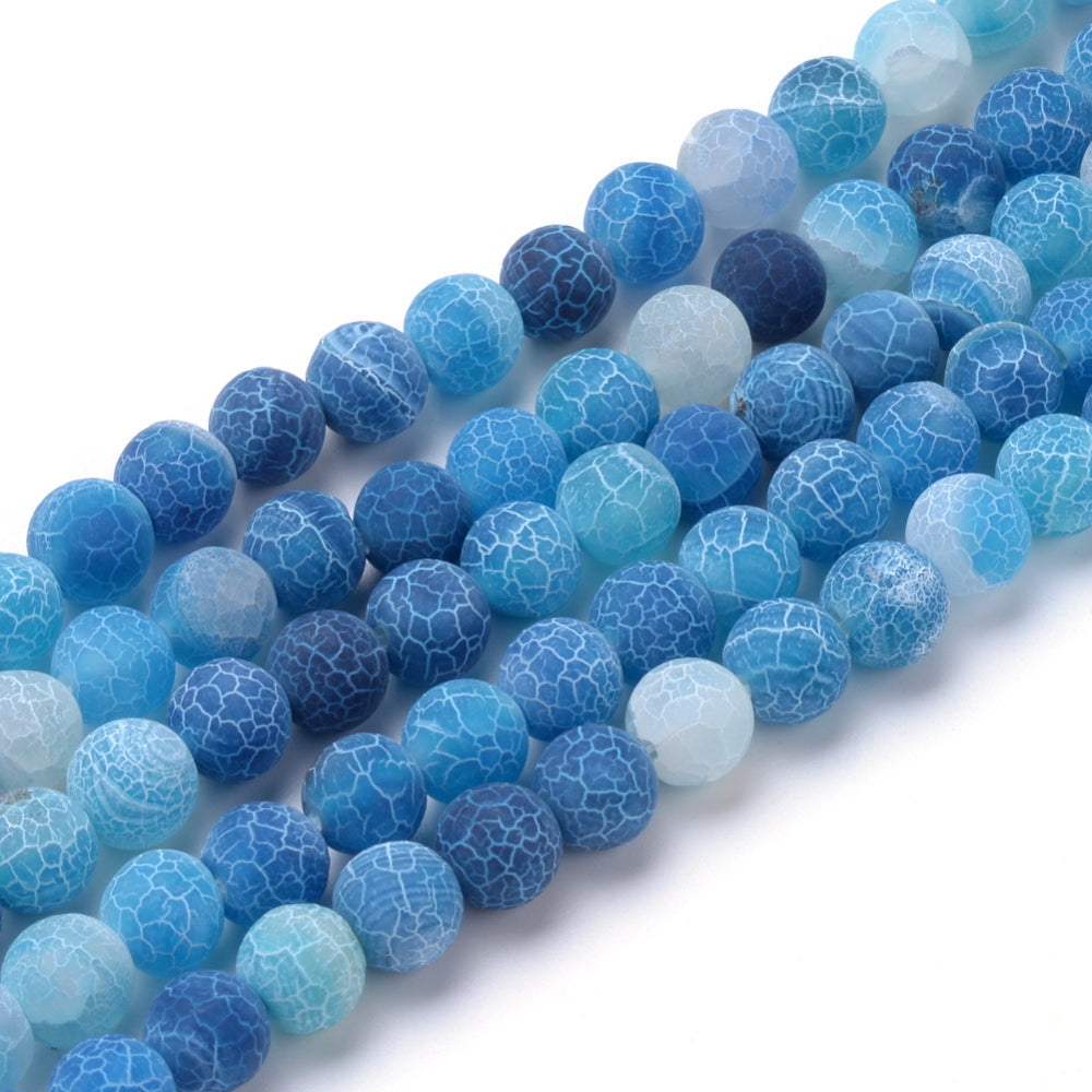 Natural Crackle Agate Beads, Dyed, Round, Blue Color. Matte Semi-Precious Gemstone Beads for Jewelry Making. Great for Stretch Bracelets and Necklaces.  Size: 8mm Diameter, Hole: 1mm; approx. 47pcs/strand, 14.5" Inches Long. bead lot. beadlot. beadlotcanada