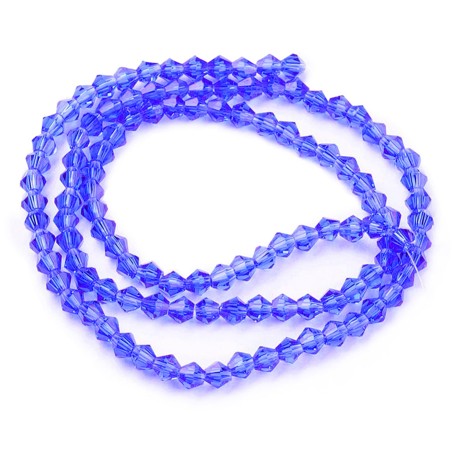 Glass Beads, Faceted, Blue Color, Bicone, Crystal Beads for Jewelry Making.  Size: 4mm Length, 4mm Width, Hole: 1mm; approx. 65pcs/strand, 13.75" inches long.  Material: The Beads are Made from Glass. Austrian Crystal Imitation Glass Crystal Beads, Bicone, Blue Colored Beads. Polished, Shinny Finish.