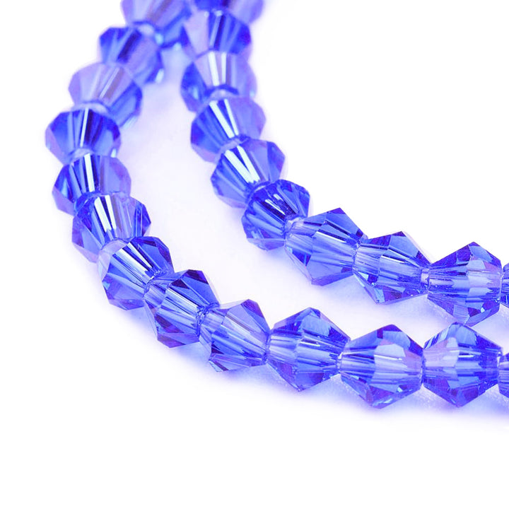 Glass Beads, Faceted, Blue Color, Bicone, Crystal Beads for Jewelry Making.  Size: 4mm Length, 4mm Width, Hole: 1mm; approx. 65pcs/strand, 13.75" inches long.  Material: The Beads are Made from Glass. Austrian Crystal Imitation Glass Crystal Beads, Bicone, Blue Colored Beads. Polished, Shinny Finish.