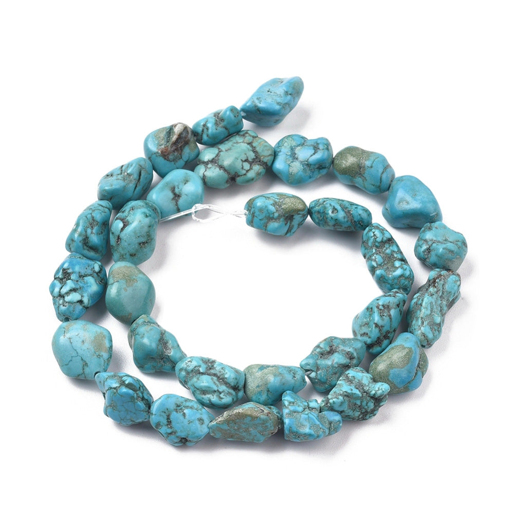 Blue Howlite Nuggets, Chips, Dyed, Turquoise Blue Color Beads. Semi-precious Gemstone Beads for DIY Jewelry Making.    Size: 10-13 Length, 7-11mm Width, Hole: 1mm, approx. 30pcs/strand, 14.5" Inches Long.  Material: Blue Howlite Loose Stone Beads, Turquoise Blue Color, Dyed, Polished Beads. Shinny, Finish. 