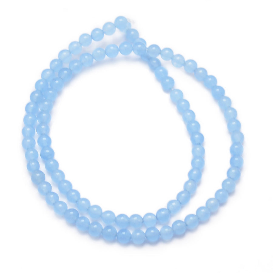 Blue Jade Beads, Round, Light Sky Blue Color. Semi-Precious Crystal Gemstone Beads for Jewelry Making. Great for Stretch Bracelets.  Size: 4mm in Diameter, Hole: 1mm; approx. 90pcs/strand, 14.5" Inches Long.  Material: Blue Jade Beads, dyed Light Sky Blue Color. Polished, Shinny Finish.