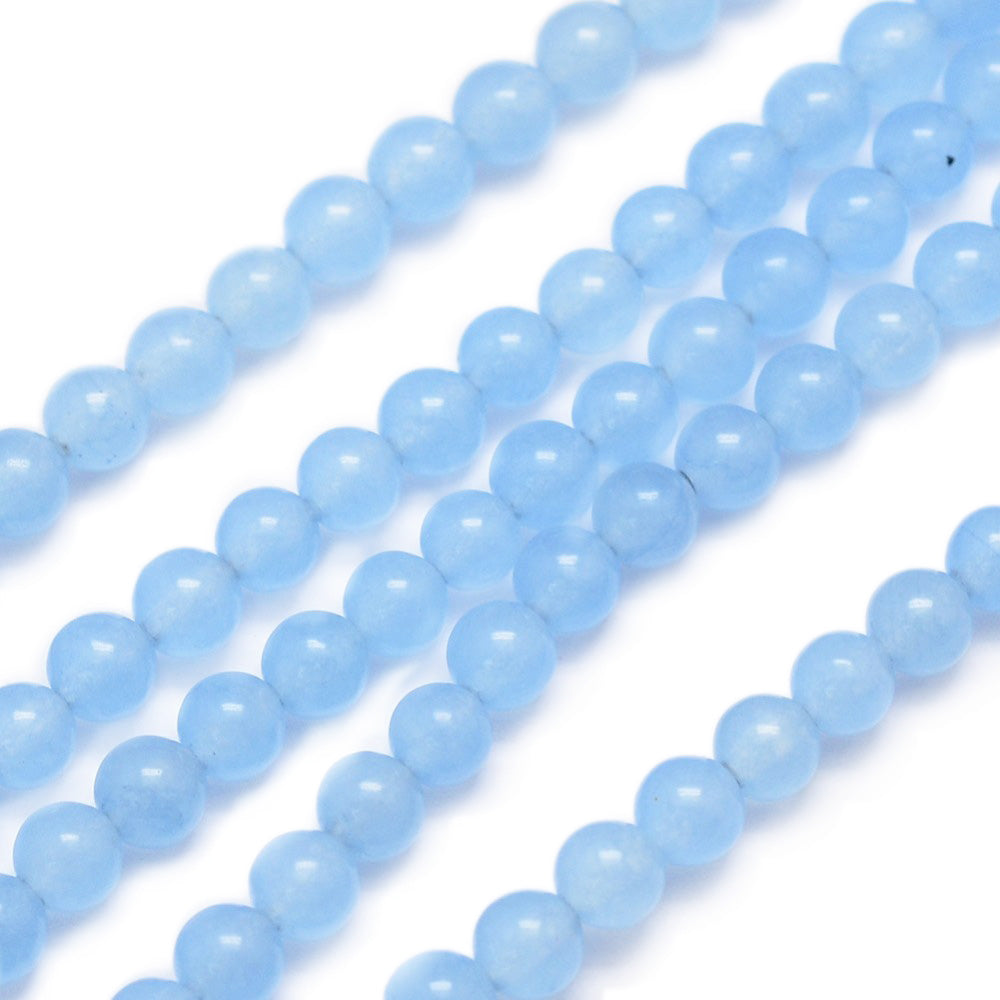 Blue Jade Beads, Round, Light Sky Blue Color. Semi-Precious Crystal Gemstone Beads for Jewelry Making. Great for Stretch Bracelets.  Size: 4mm in Diameter, Hole: 1mm; approx. 90pcs/strand, 14.5" Inches Long.  Material: Blue Jade Beads, dyed Light Sky Blue Color. Polished, Shinny Finish.