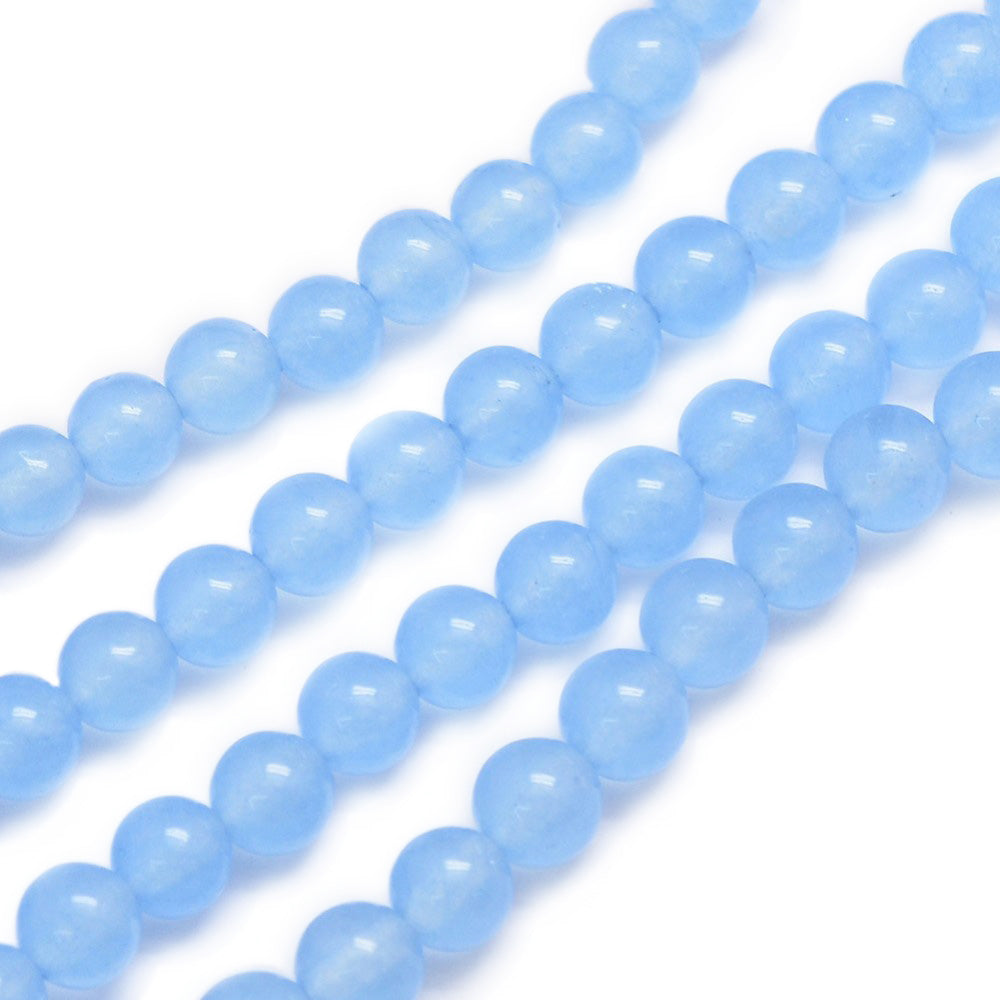 Blue Jade Beads, Round, Light Sky Blue Color. Semi-Precious Crystal Gemstone Beads for Jewelry Making. Great for Stretch Bracelets.  Size: 8mm in Diameter, Hole: 1mm; approx. 46pcs/strand, 14.5" Inches Long.  Material: Blue Jade Beads, dyed Light Sky Blue Color. Polished, Shinny Finish