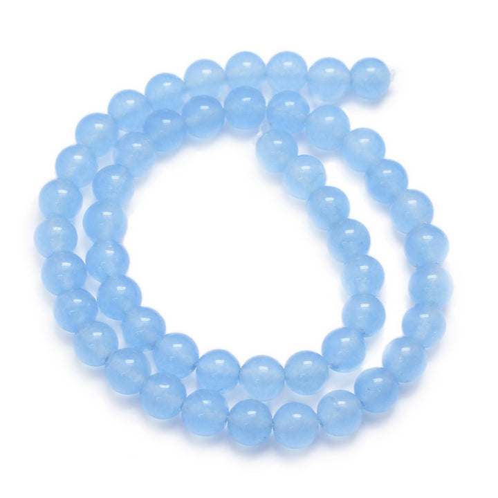 Blue Jade Beads, Round, Light Sky Blue Color. Semi-Precious Crystal Gemstone Beads for Jewelry Making. Great for Stretch Bracelets.  Size: 8mm in Diameter, Hole: 1mm; approx. 46pcs/strand, 14.5" Inches Long.  Material: Blue Jade Beads, dyed Light Sky Blue Color. Polished, Shinny Finish