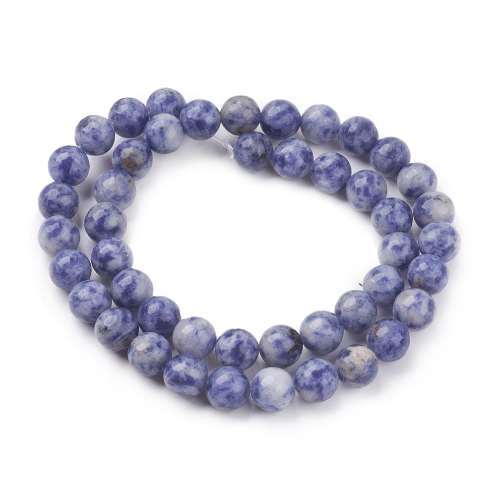 Natural Blue Spot Jasper Bead Strands, Round, Cornflower Blue Color. Semi-Precious Stone Jasper Beads for Jewelry Making. Great Beads for Stretch Bracelets.  Size: 8mm Diameter, Hole: 1mm; approx. 43pcs/strand, 15" inches long.  Material: The Beads are Natural Blue Spot Jasper Stone. Cornflower Blue Color. Polished, Shinny Finish.