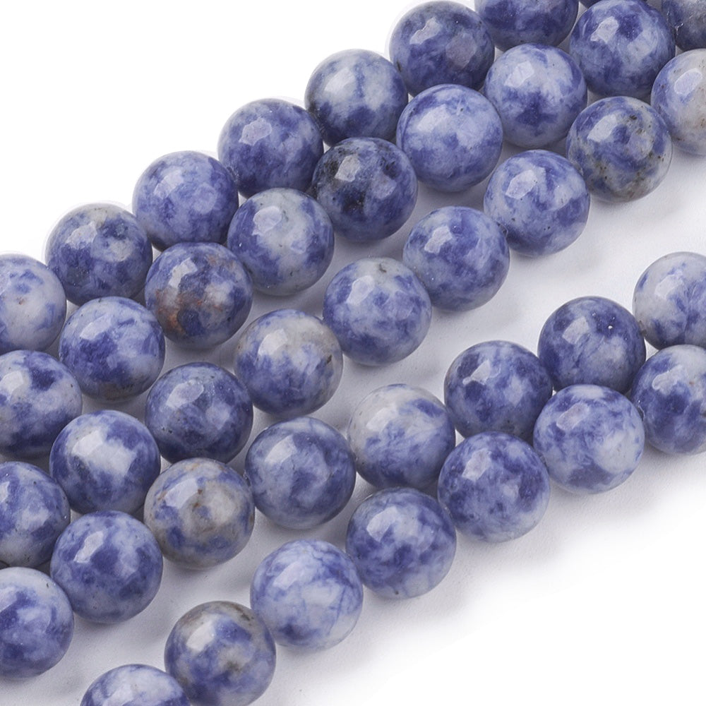 Natural Blue Spot Jasper Bead Strands, Round, Cornflower Blue Color. Semi-Precious Stone Jasper Beads for Jewelry Making. Great Beads for Stretch Bracelets.  Size: 8mm Diameter, Hole: 1mm; approx. 43pcs/strand, 15" inches long.  Material: The Beads are Natural Blue Spot Jasper Stone. Cornflower Blue Color. Polished, Shinny Finish.