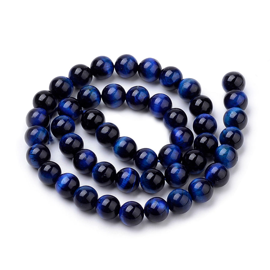 Natural Tiger Eye Beads, Blue Colored Semi Precious Stone Beads for DIY Jewelry Making. Gorgeous Royal Blue Tiger Eye Gemstone Beads.  Size: 8mm Diameter, Hole: 1mm; approx. 44 pcs/strand 14.9" inches long.  Material: Premium Grade Blue Tiger Eye Polished Loose Stone Beads, Beads. Dyed Dark Blue Polished, Shinny Finish. 