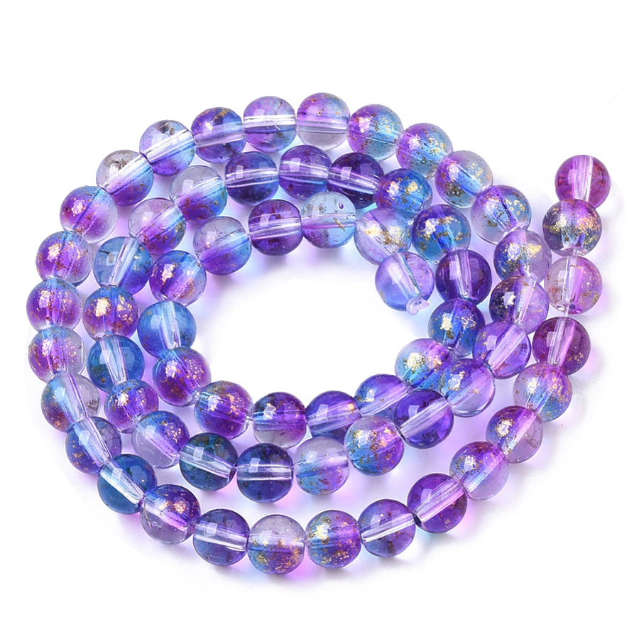 Golden Foiled Transparent Glass Beads, Round, Painted Blue and Violet Color. Violet Blue Glass Beads for DIY Jewelry Making.   Size: 6-7mm Diameter, Hole: 1.2mm; approx. 62pcs/strand, 14.5" inches long.  Material: Transparent Glass Beads, Loose Blue Violet Glass Beads with Gold Foil. Shinny Finish.