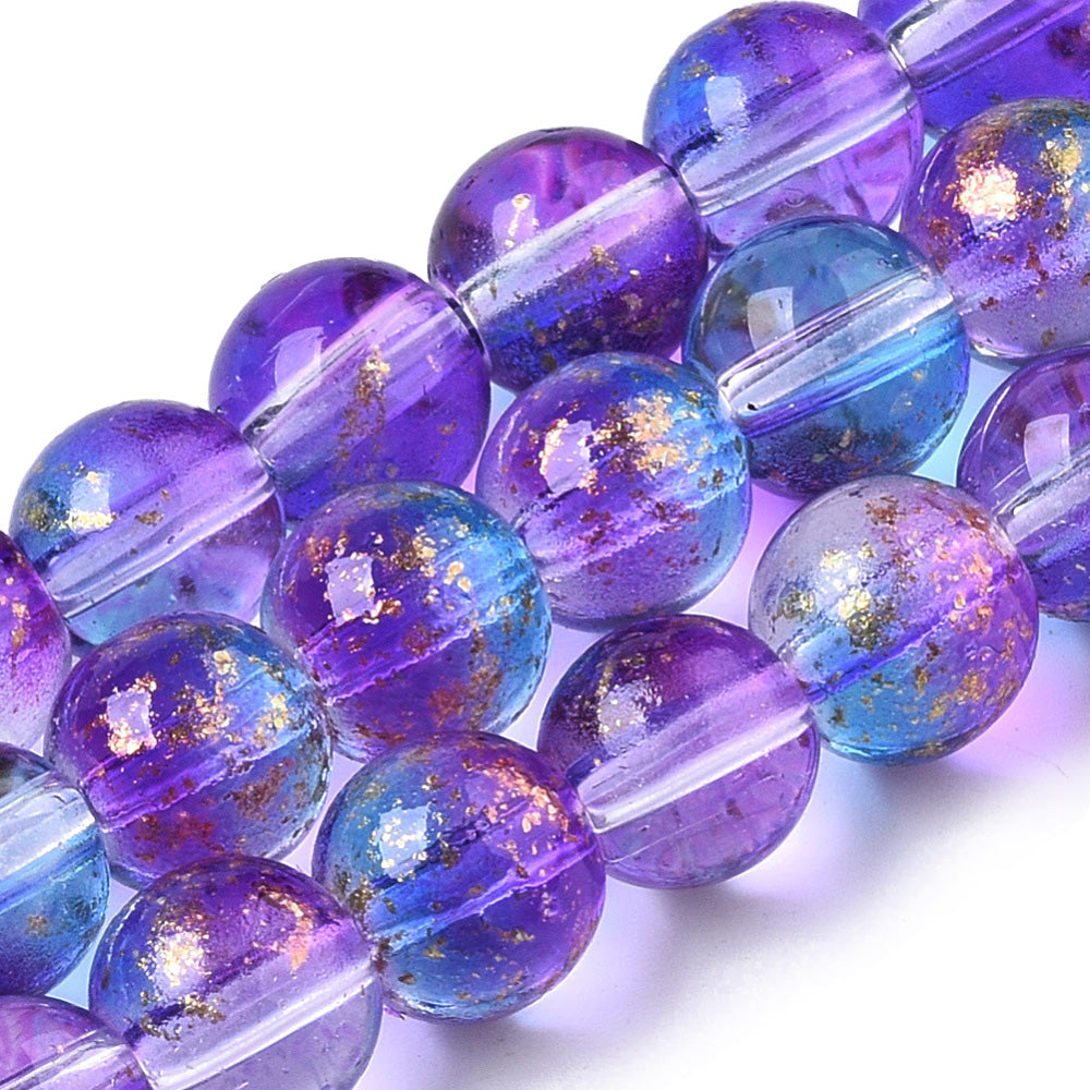 Golden Foiled Transparent Glass Beads, Round, Painted Blue and Violet Color. Violet Blue Glass Beads for DIY Jewelry Making.   Size: 6-7mm Diameter, Hole: 1.2mm; approx. 62pcs/strand, 14.5" inches long.  Material: Transparent Glass Beads, Loose Blue Violet Glass Beads with Gold Foil. Shinny Finish.