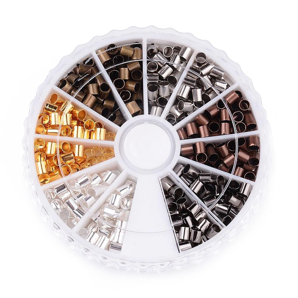 Brass Crimping Beads DIY Jewelry Making Kit. 6 Color Crimps, Jewelry Making Set.  Size: 3mm Width, 3mm Length, Hole: 2mm approx. 420pcs/box.  Colors: Platinum Silver, Antique Gold, Red Copper, Antique Bronze, Gunmetal and Antique Silver  Material: Brass Crimp Tubes in Plastic Storage Container. Multi Color Set for DIY Jewelry Making.