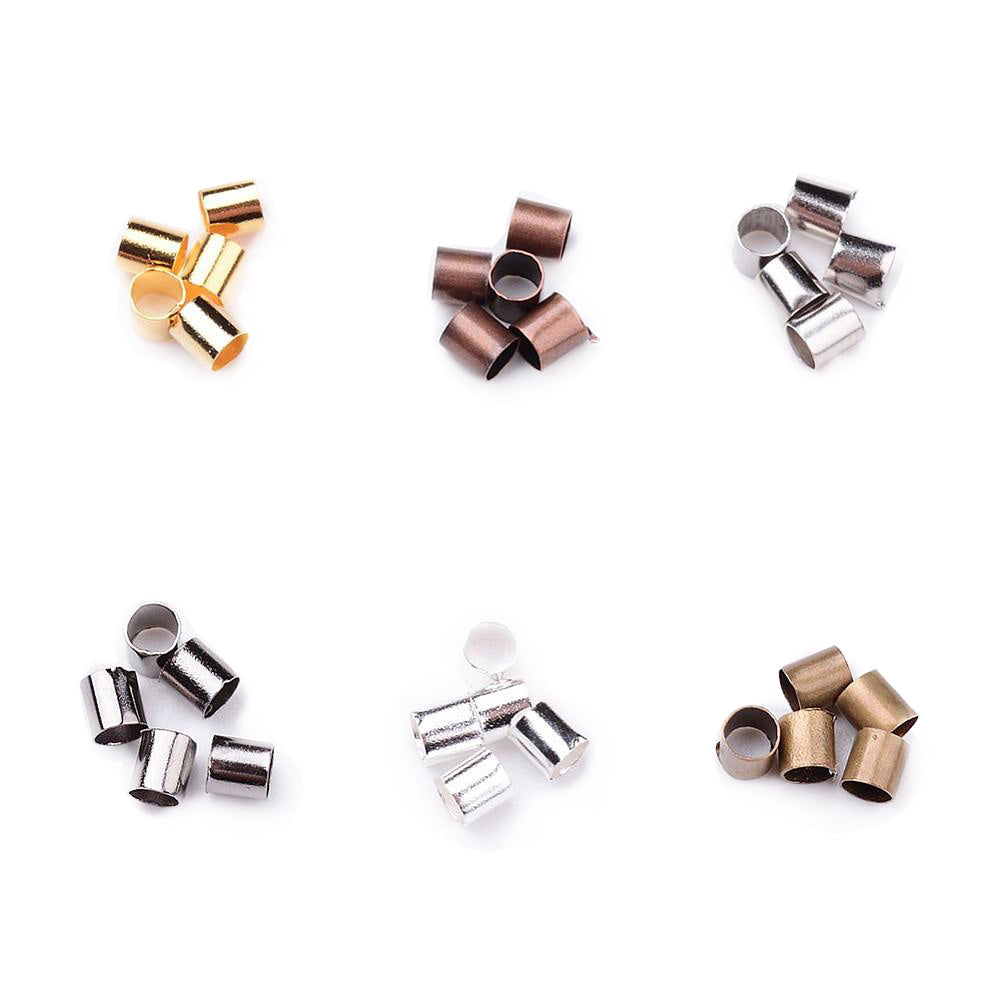Brass Crimping Beads DIY Jewelry Making Kit. 6 Color Crimps, Jewelry Making Set.  Size: 3mm Width, 3mm Length, Hole: 2mm approx. 420pcs/box.  Colors: Platinum Silver, Antique Gold, Red Copper, Antique Bronze, Gunmetal and Antique Silver  Material: Brass Crimp Tubes in Plastic Storage Container. Multi Color Set for DIY Jewelry Making.