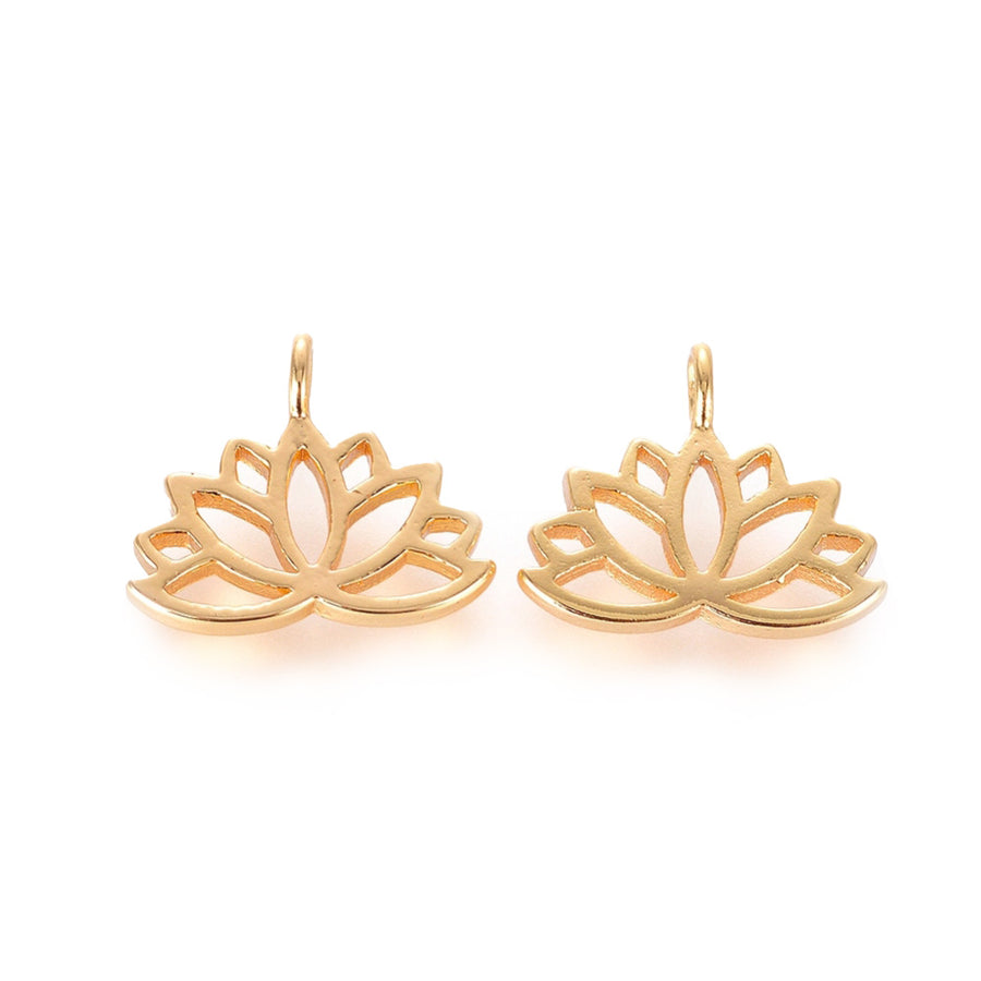 18K Gold Plated Brass Lotus Flower Shaped Charms for DIY Jewelry Making.  Size: 10.5mm Length; 12.5mm Width; 1mm Thick; Hole: 1.8mm, 1pcs/package.  Material: Brass Charms Nickel Free, 18K Gold Plated Charms. Gold Tarnish Resistant Charms.