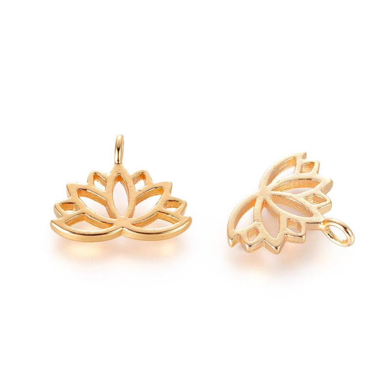 18K Gold Plated Brass Lotus Flower Shaped Charms for DIY Jewelry Making.  Size: 10.5mm Length; 12.5mm Width; 1mm Thick; Hole: 1.8mm, 1pcs/package.  Material: Brass Charms Nickel Free, 18K Gold Plated Charms. Gold Tarnish Resistant Charms.