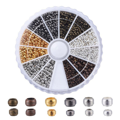 Brass Crimping Beads DIY Jewelry Making Kit. 6 Color Crimps, Jewelry Making Set.  Size: 2-2.5mm Diameter, 1.2mm Thick, Hole: 1.2mm approx. 2640pcs/box.  Colors: Platinum Silver, Antique Gold, Red Copper, Antique Bronze, Gunmetal and Antique Silver  Material: Brass Crimp Tubes in Plastic Storage Container. Multi Color Set for DIY Jewelry Making.