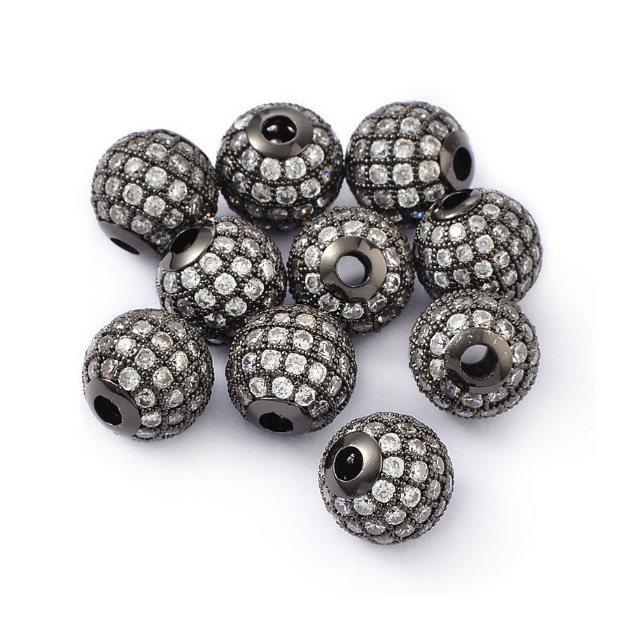 Round Brass Micro Pave Cubic Zirconia Spacer Beads, Gunmetal Black Color Charm Spacers for DIY Jewelry Making. Focal Beads for Bracelet and Necklace Making.  Size: 10mm Diameter, Hole: 2mm, Quantity: 1pcs/package.  Material: Clear Crystal Cubic Zirconia Brass Micro Pave Round Spacer Bead. Gunmetal Black  Color. Shinny, Sparkling Finish. 