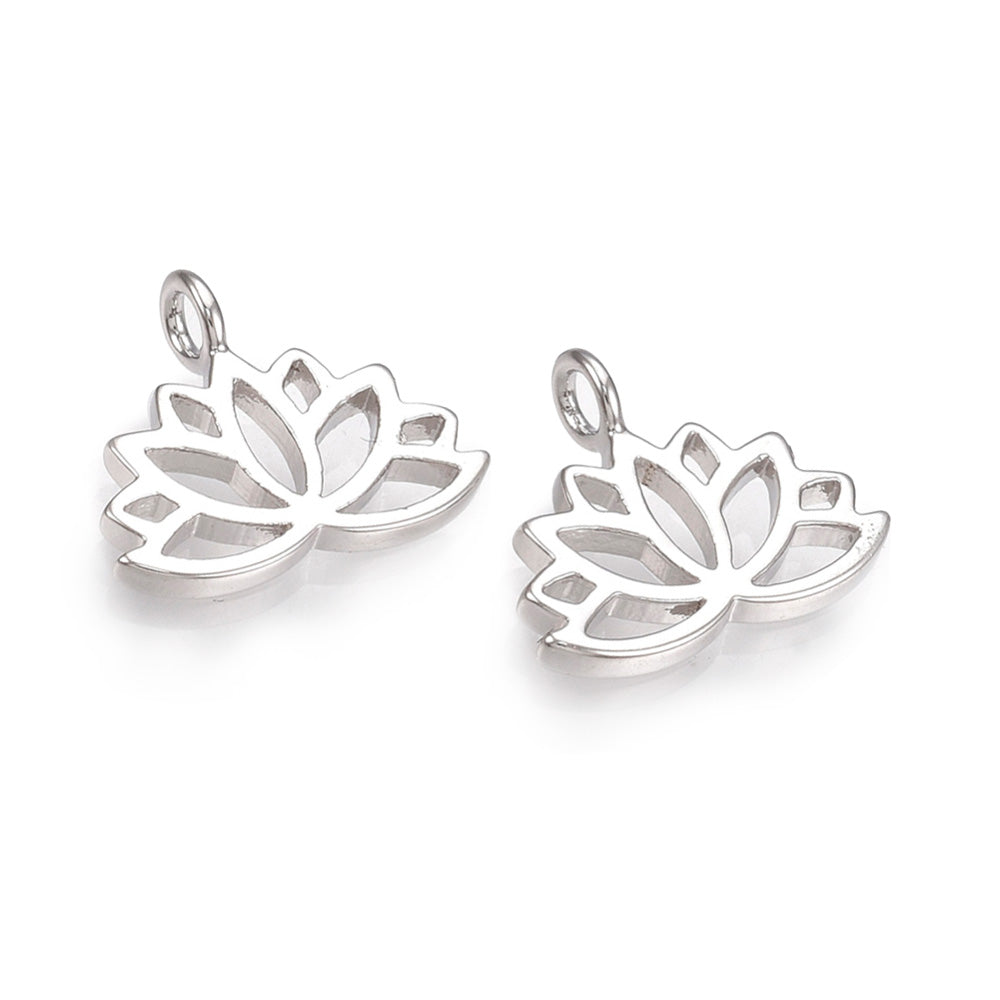 Platinum Plated Brass Lotus Flower Shaped Charms for DIY Jewelry Making.  Size: 10.5mm Length; 12.5mm Width; 1mm Thick; Hole: 1.8mm, 1pcs/package.  Material: Brass Charms Nickel Free, Real Platinum Plated Charms. Tarnish Resistant Charms.