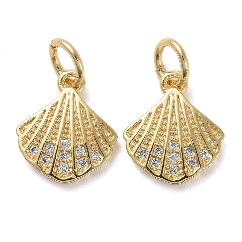 Brass Micro Pave Cubic Zirconia Golden Shell Charms, Gold Color with Clear Cubic Zirconia Charms for DIY Jewelry Making.   Size: 11mm Length, 10mm Width, 2mm Thick, Hole: 3mm, Quantity: 1pcs/package.