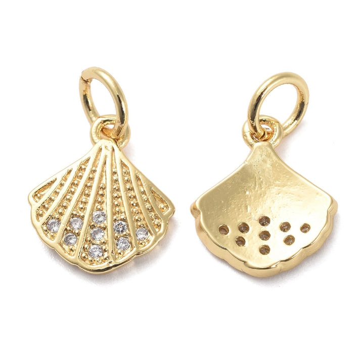 Brass Micro Pave Cubic Zirconia Golden Shell Charms, Gold Color with Clear Cubic Zirconia Charms for DIY Jewelry Making.   Size: 11mm Length, 10mm Width, 2mm Thick, Hole: 3mm, Quantity: 1pcs/package.