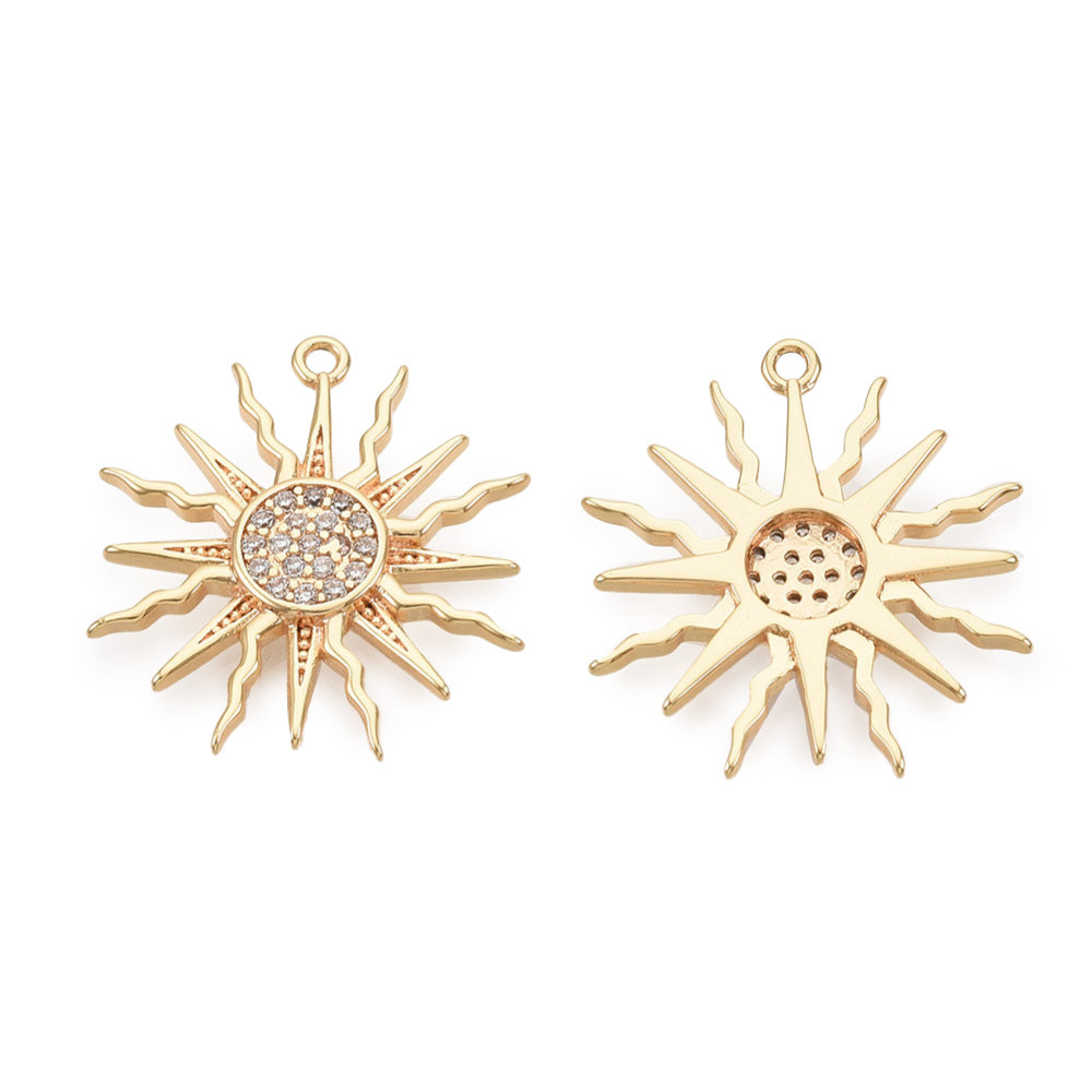 Brass Micro Pave Cubic Zirconia Solar Eclipse Charms. 18K Gold Plated Sun Shaped Pendant Charms for DIY Jewelry Making.   Size: 15mm Length, 10mm Width, 2.5mm Thick, Hole: 1mm, Quantity: 1pcs/package.  Material: Cubic Zirconia Brass Micro Pave Solar Eclipse Charms. Real 18K Gold Plated Sun shaped Pendants.