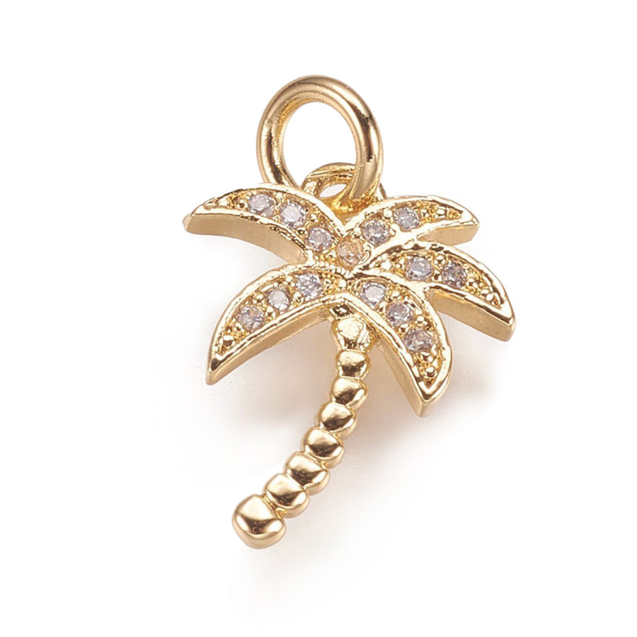 Brass Micro Pave Cubic Zirconia Golden Tree Charm Beads, Gold Color Coconut Tree Charm with Clear Cubic Zirconia for DIY Jewelry Making.   Size: 14mm Length, 10mm Width, 1.5mm Thick, Hole: 3mm, Quantity: 1pcs/package.  Material: Clear Cubic Zirconia Brass Micro Pave Palm Tree Charm with Jump Ring. Gold Color. Shinny, Sparkle Finish. Durable and Sturdy, it can be used for a long time. Polished, Shinny Finish. 
