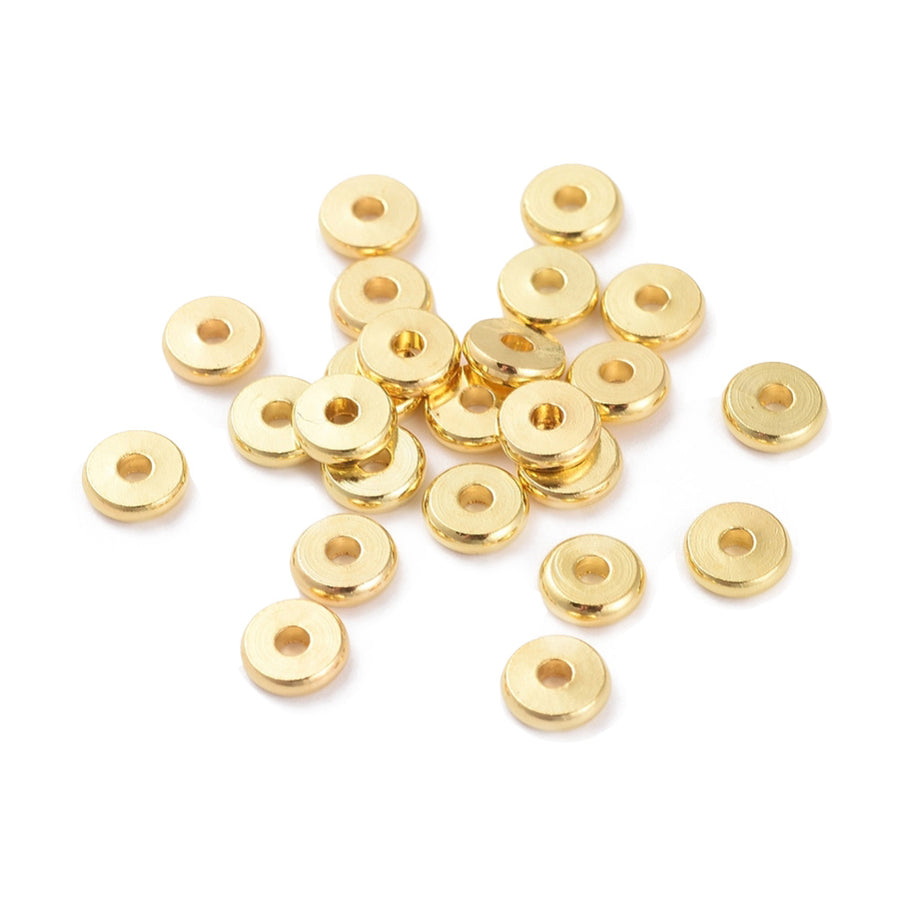 Brass Spacer Beads, Flat, Round, Disc Shape, Gold Color.   Size: 6mm Diameter, 1.5mm Thick, Hole: 2mm, approx. 50pcs/bag.  Material: Brass Spacers, Flat, Round Spacer Beads. Gold Plated Brass Disc Spacer Beads, Shinny Finish.