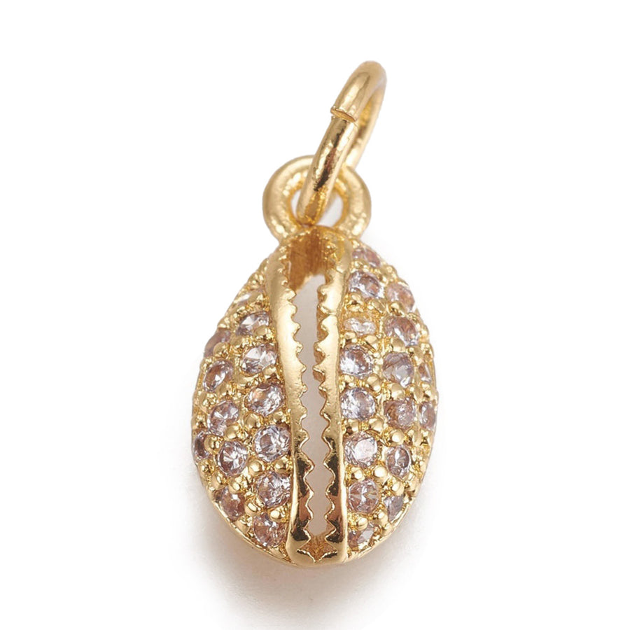 Brass Micro Pave Cubic Zirconia Mixed color & Gold Color Shell Charm Beads, Gold Color Cowrie Shell Charm with Clear Cubic Zirconia for DIY Jewelry Making.   Size: 12.5mm Length, 7mm Width, 3.5mm Thick, Hole: 3mm, Quantity: 1pcs/package.  Material: Cubic Zirconia Brass Micro Pave Tree Charm with Jump Ring. Gold Color.