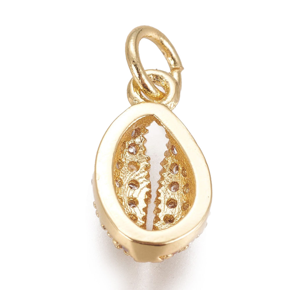 Brass Micro Pave Cubic Zirconia Mixed color & Gold Color Shell Charm Beads, Gold Color Cowrie Shell Charm with Clear Cubic Zirconia for DIY Jewelry Making.   Size: 12.5mm Length, 7mm Width, 3.5mm Thick, Hole: 3mm, Quantity: 1pcs/package.  Material: Cubic Zirconia Brass Micro Pave Tree Charm with Jump Ring. Gold Color.