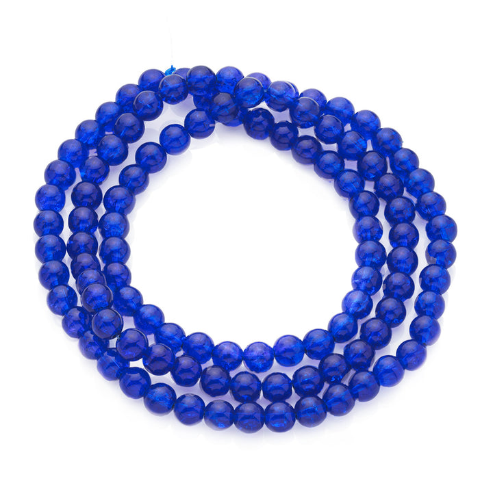 Popular Crackle Glass Beads, Round, Blue Color. Glass Bead Strands for DIY Jewelry Making. Affordable, Colorful Crackle Beads.   Size: 6mm Diameter Hole: 1mm; approx. 125pcs/strand, 31" Inches Long  Material: The Beads are Made from Glass. Crackle Glass Beads, Royal Blue Colored Beads. Polished, Shinny Finish.