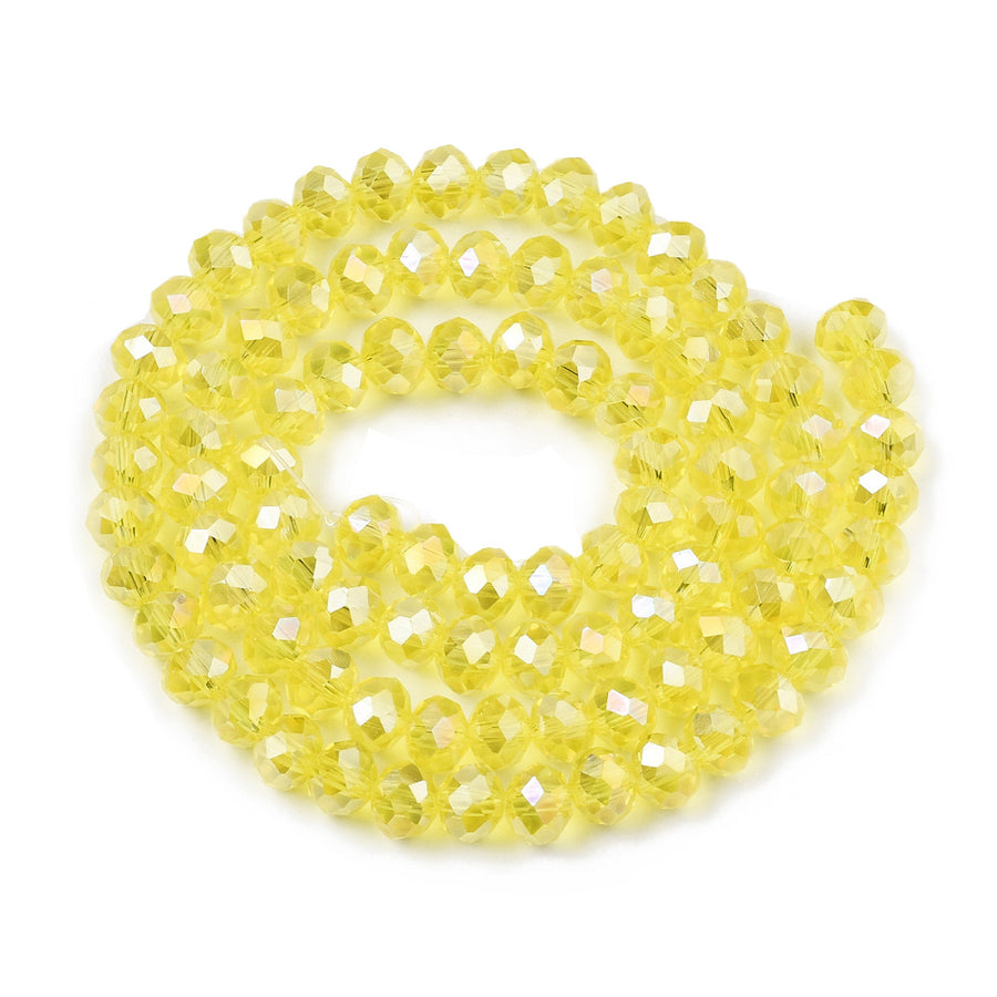 Glass Crystal Beads, Faceted, Yellow Color, Rondelle, Glass Crystal Bead Strands. Shinny, Premium Quality Crystal Beads for Jewelry Making.  Size: 8mm Diameter, 6mm Thick, Hole: 1mm; approx. 65pcs/strand, 16" inches long.  Material: The Beads are Made from Glass. Glass Crystal Beads, Rondelle, Bright Yellow Colored Beads. Polished, Shinny Finish.