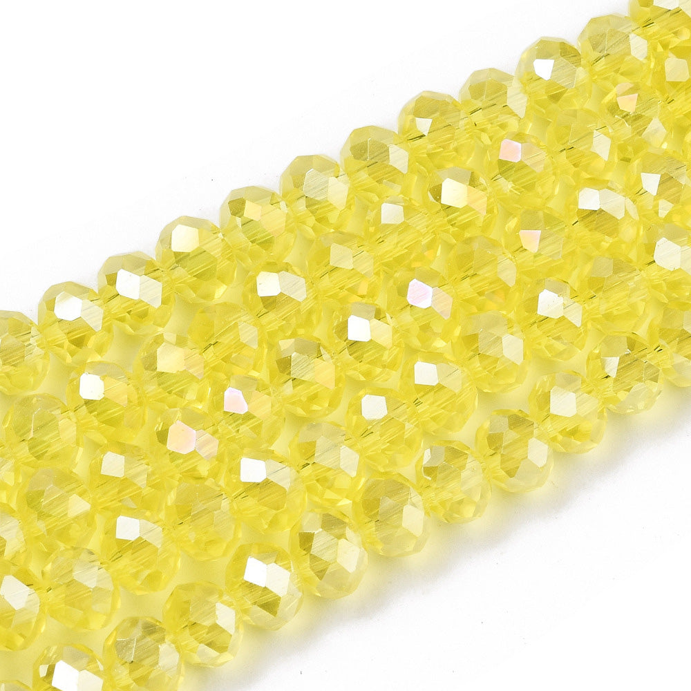 Glass Crystal Beads, Faceted, Yellow Color, Rondelle, Glass Crystal Bead Strands. Shinny, Premium Quality Crystal Beads for Jewelry Making.  Size: 8mm Diameter, 6mm Thick, Hole: 1mm; approx. 65pcs/strand, 16" inches long.  Material: The Beads are Made from Glass. Glass Crystal Beads, Rondelle, Bright Yellow Colored Beads. Polished, Shinny Finish.