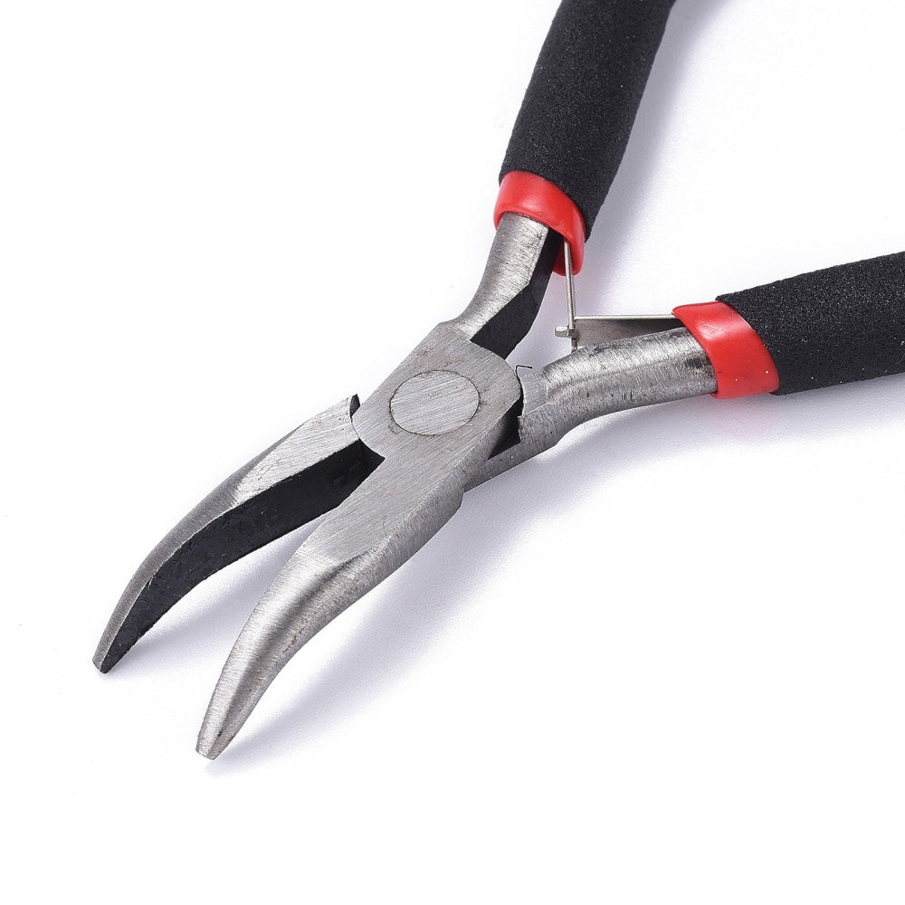 Gunmetal Black Jewelry Pliers for DIY Jewelry Making Projects. Bent Nose Pliers. Affordable Jewelry Making Supplies and Tools.  Material: Carbon Steel Pliers, 5 inches Long, Gunmetal Black Color.  Use: These Pliers are used for Jewelry Making, Wire Wrapping. They can be used to close loops, open and close jump rings or to make eye pins, etc. Excellent for hard to reach areas.